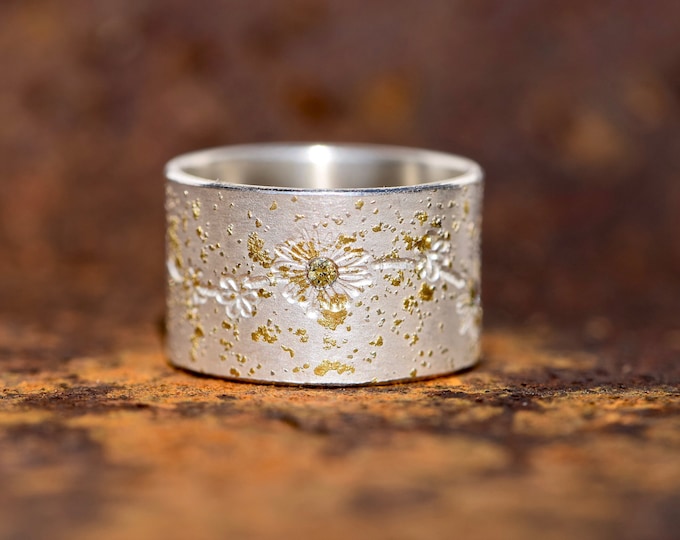 Wide silver ring with diamonds and gold OSTARA