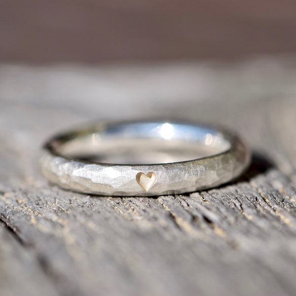 Hammered silver engagement ring with heart