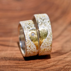 Wedding rings hand-forged from silver with HEART made of gold and brilliant MI CORAZÓN image 1