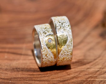 Couple rings made of silver with HEART made of gold and diamond I unusual wedding rings *MI CORAZÓN