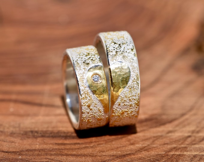 Paarringe aus Silber mit HERZ aus Gold und Diamant I ausgefallene Eheringe *MI CORAZÓN
