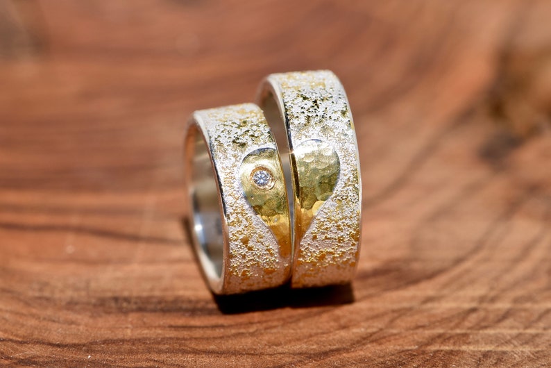 Wedding rings hand-forged from silver with HEART made of gold and brilliant MI CORAZÓN image 1