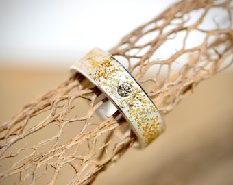 Anello di fidanzamento in argento con oro e diamanti. Anello proposta, regalo per moglie