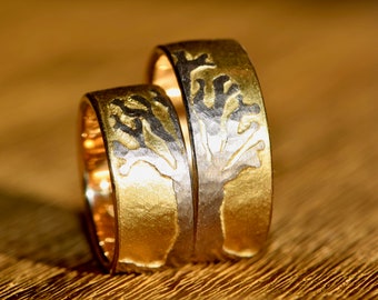 Wedding rings gold hammered with platinum TREE OF LIFE