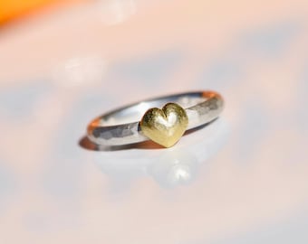 Heart of Gold Engagement Ring – Hammered Silver Ring with Solid Gold Heart – Unique Ring – Handmade Statement Ring – Symbol of True Love