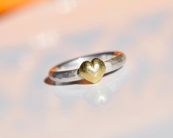 Heart of Gold Engagement Ring – Hammered Silver Ring with Solid Gold Heart – Unique Ring – Handmade Statement Ring – Symbol of True Love