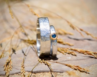 Wedding rings silver with blue diamond set in rose gold