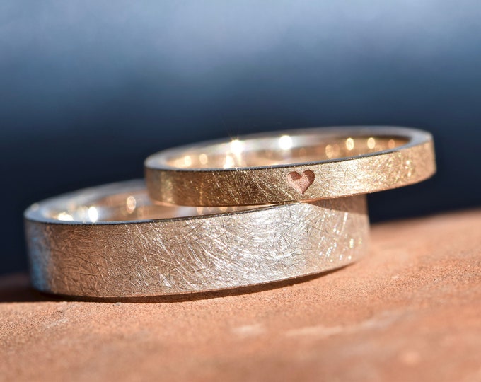 Handmade Wedding Rings 14k Rose Gold and Silver Womens Rose Gold Ring Mens Silver Ring Modern Textured Wedding Band Set