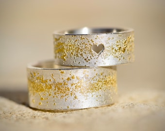 Wedding rings silver with gold and heart