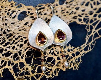 Silver leaf earrings with tourmaline, diamonds and pearls