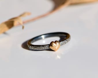 Alternative Engagement Ring in Oxidized 935 Silver with 900 Rose Gold Heart – Handmade Rustic Proposal Ring