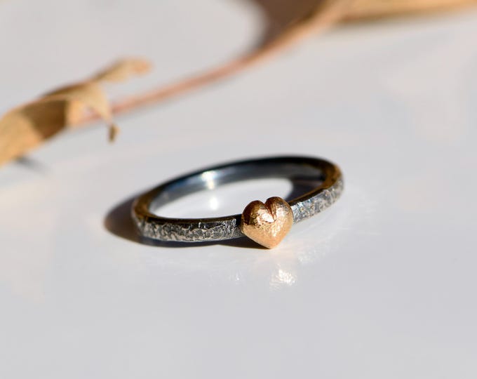 Alternative Engagement Ring in Oxidized 935 Silver with 900 Rose Gold Heart – Handmade Rustic Proposal Ring