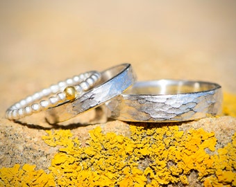 Hammered silver wedding ring set with ball ring and gold balls