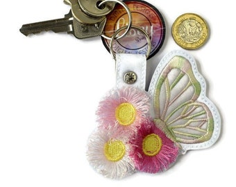 Butterfly and Flowers Key Fob, DIGITAL PATTERN, 3D flowers, Fringed Design, ITH, Embroidery Designs, Lisey Designs