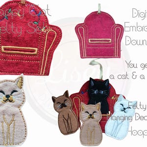 May include: Digital embroidery download pattern for a felt cat and couch. The pattern includes a red couch with a gold outline and four cats in different colours: beige, brown, black and white.