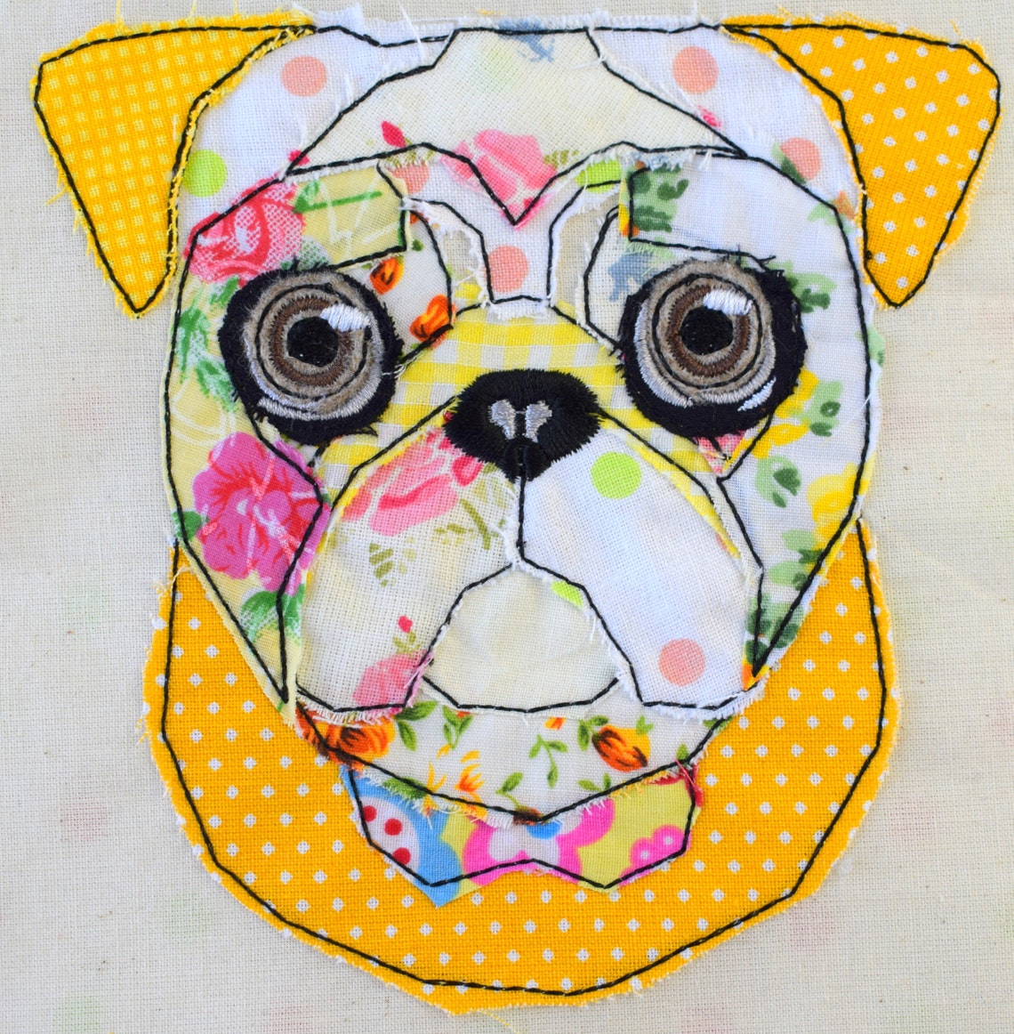 Digital File, Patchwork Pug, Raw Edge Applique, Machine Embroidery ...