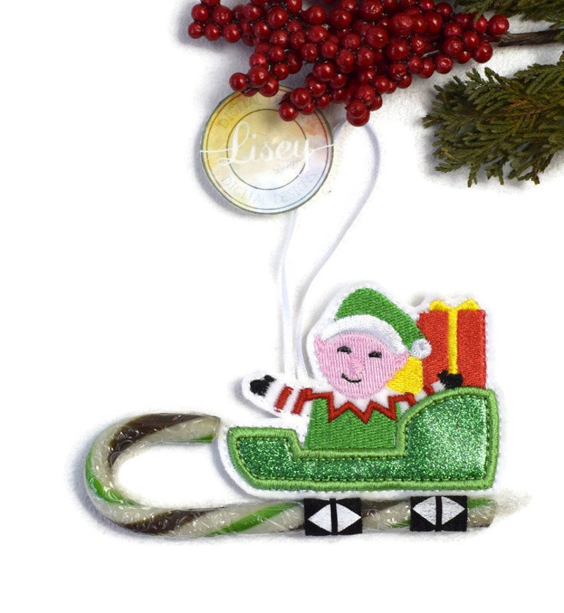 Candy Cane Elf Sleigh Hanging Decoration Lisey Designs 4x4 Etsy