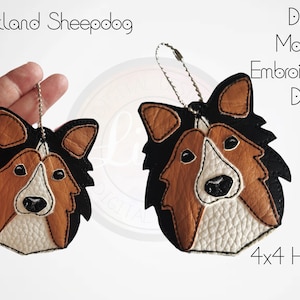 May include: Two digital machine embroidery designs of a Shetland Sheepdog, one larger and one smaller, both with black, brown, and white fur. The designs are meant to be stitched out on a 4x4 hoop.