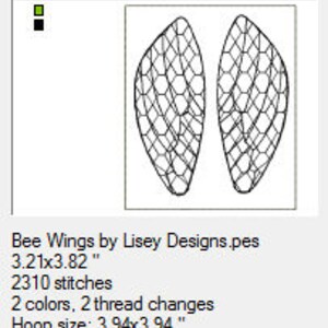 May include: Bee Wings embroidery design by Lisey Designs. The design features two bee wings with a honeycomb pattern. The design is 3.21 inches by 3.82 inches and requires 2310 stitches. The hoop size is 3.94 inches by 3.94 inches.