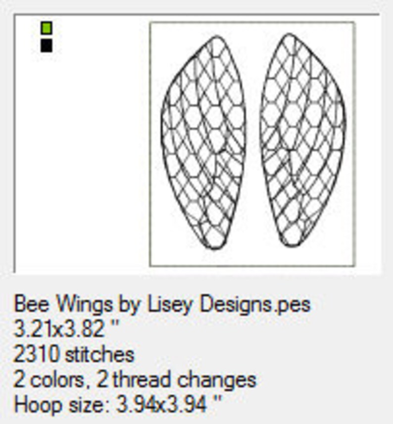 May include: Bee Wings embroidery design by Lisey Designs. The design features two bee wings with a honeycomb pattern. The design is 3.21 inches by 3.82 inches and requires 2310 stitches. The hoop size is 3.94 inches by 3.94 inches.