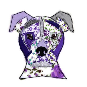 May include: A purple and white floral patterned dog illustration with a purple outline. The dog has a short snout and floppy ears.