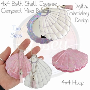May include: Two 4x4 inch embroidery designs for a shell-shaped compact mirror. The designs are in white and pink with a pearl-like iridescent finish. The text "4x4 Both Shell Covered Compact Mirror Designs" and "Two Sizes!" is visible in the image. The text "Digital Embroidery Design" and "4x4 Hoop" is also visible in the image.
