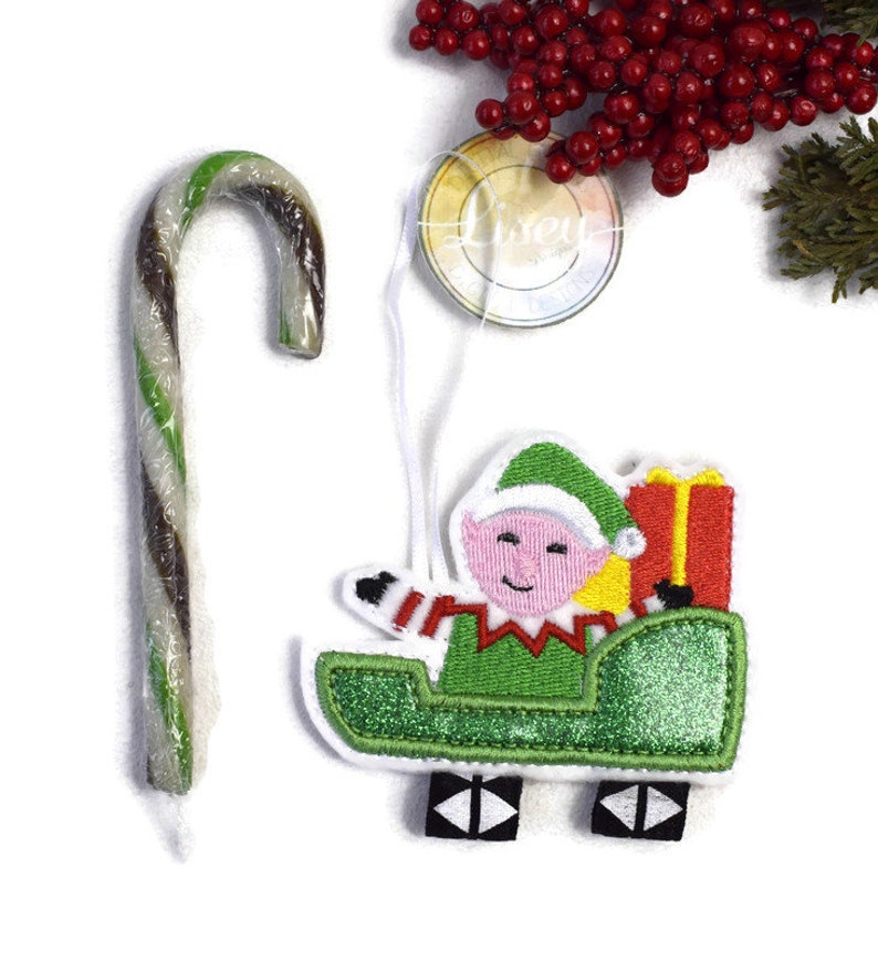 Candy Cane Elf Sleigh Hanging Decoration Lisey Designs 4x4 Etsy