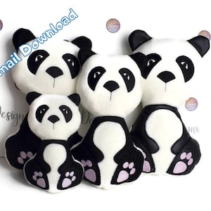 May include: Four panda bear plush toys in different sizes. The pandas are black and white with black eyes and noses. The smallest panda has purple paw pads. The text "Email Download" is visible in the upper left corner.