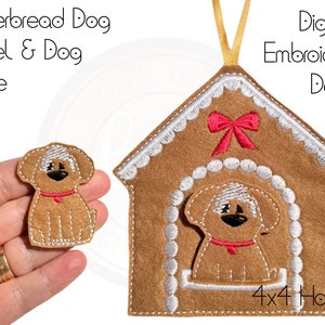 May include: Gingerbread dog kennel and dog feltie embroidery design for a 4x4 hoop. The design features a brown gingerbread house with a red bow and a brown dog inside. There is also a separate brown dog feltie.