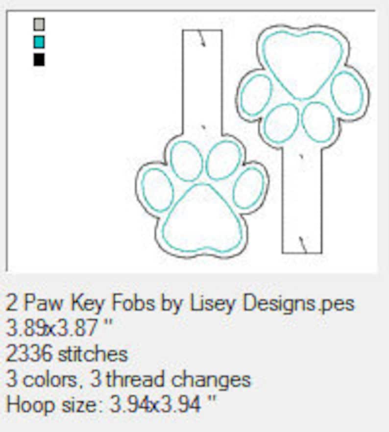 May include: Two paw-shaped key fobs, one blue and one teal, with a white outline. The key fobs are 3.89 inches by 3.87 inches and require a 3.94 inch by 3.94 inch hoop.