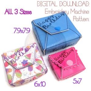 3D Birthday Box, Small, medium and large , Jewellery Box, Digital Embroidery Design, In The Hoop, Instant Download