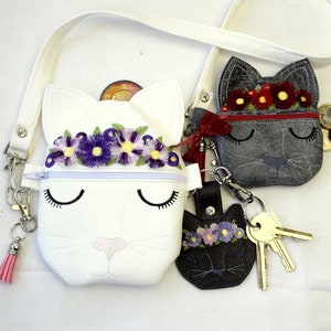 5x7 Cat Set, Cross Body Purse, Machine Digital Download, Coin Purse, Side Bag, Key Fob, Fanny Bag, 3D Fringed Flowers, 5x7 & 4x4 hoop needed