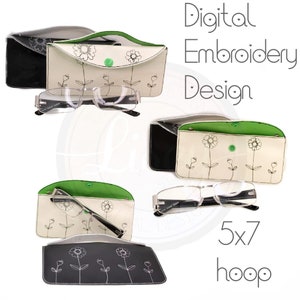 May include: A digital embroidery design for a glasses case with a floral pattern. The design is for a 5x7 hoop and features a white case with black flowers and a black case with white flowers.