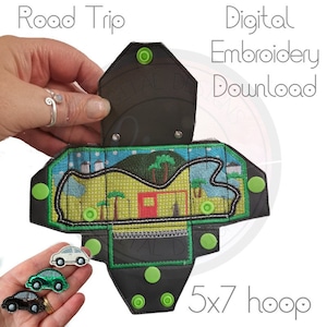 ロードトリップ、5 x 7 インチ、車での旅、スプリットフープ、想像力豊かな遊び、デジタル刺繍デザイン、フープ内、即時ダウンロード