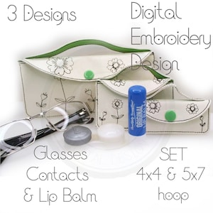 May include: A set of three digital embroidery designs for glasses, contacts, and lip balm cases. The designs feature a white background with black floral outlines and green accents. The designs are available in 4x4 and 5x7 hoop sizes.