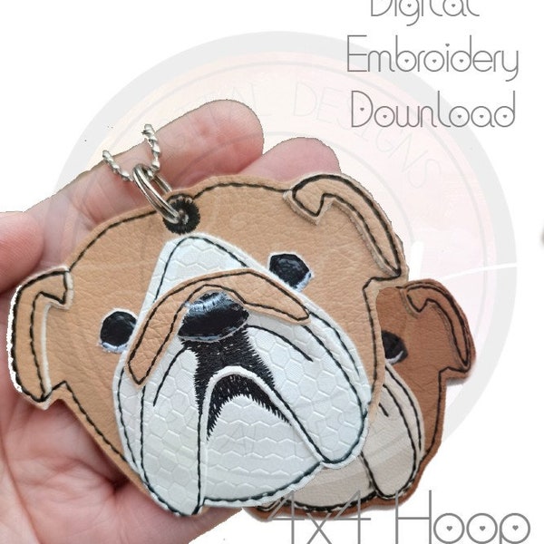 English Bulldog Key Ring Chain, Large Charm, Layered Raw Edge Applique, DIGITAL PATTERN, Key Fob, ITH, Embroidery Designs, Lisey Designs