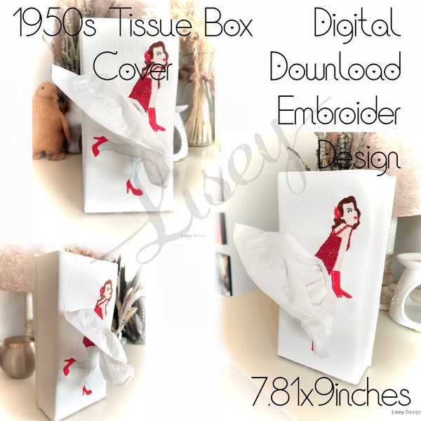 1950 Mädchen Tissue Sleeve, Lady Flying Rock, Tissue Box, kreative Box Cover, digitaler Download, Embroidery Machine Design, 20x9 inch Design