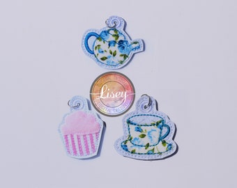 DIGITAL PATTERN, 3 Time for Tea zip pulls, Bag Charms. ITH. 4x4, Tea cups, Cupcake, Teapot, Embroidery Designs, Lisey Designs