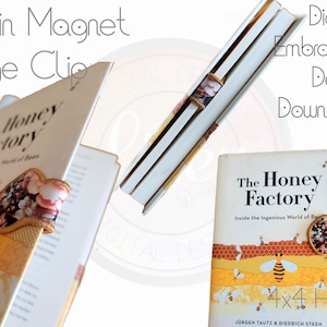 May include: A digital embroidery design for a bee-themed page clip. The design features a bee, honeycomb, and the text "The Honey Factory" and "4x4 Hoop".