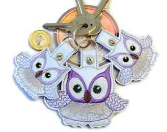 DIGITAL PATTERN, Owl Key Fob, Small & Large 2 sizes! Open winged, Owl Pom Fob, 4x4 Hoop, Embroidery Design, Lisey Designs