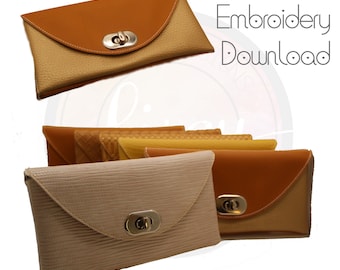 May include: Digital embroidery design for a clutch purse. The design features a flap with a clasp and a textured fabric. The design is available in three color variations: beige, brown, and yellow.