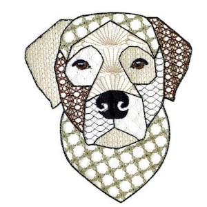 May include: A geometric design of a dog's head, embroidered in shades of brown, beige, and white. The dog's nose is black, and the eyes are brown.