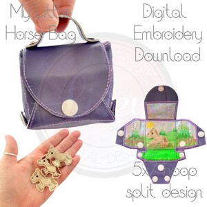 May include: Purple purse with a handle, a white button, and a stitched design. The purse is open to reveal a 5x7 hoop split design embroidery pattern of a horse in a field. The embroidery pattern is in shades of green, brown, and yellow. The text "My Little Horse Bag" and "Digital Embroidery Download" is visible in the image.