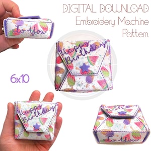 Medium 3D Birthday Box, Jewellery, Middle Sized, Digital Embroidery Design, In The Hoop, Instant Download, 6x10 hoop
