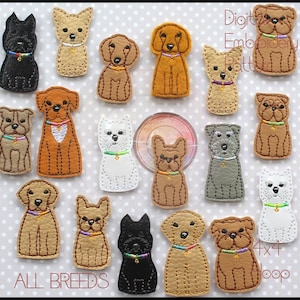 Puede incluir: Un conjunto de 16 patrones de bordado de razas de perros, con diferentes razas en distintos colores. Los patrones están diseñados para un aro de 4x4. El texto "All Breeds" y "Digit Embroidery Patterns" es visible en la parte inferior de la imagen.