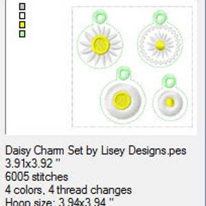 May include: Set of four embroidered daisy charms in white and yellow with green accents. The charms are approximately 3.91 inches in diameter. The design is called "Daisy Charm Set" by Lisey Designs.