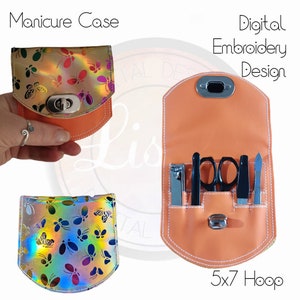 May include: A peach-coloured manicure case with a silver clasp, containing manicure tools. The case has a holographic butterfly design on the flap. The text "Manicure Case" and "Digital Embroidery Design" are visible.