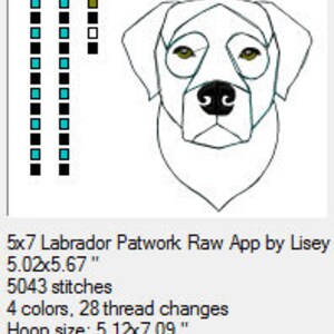 May include: A digital embroidery design of a Labrador Retriever's head, featuring a white background and black outlines. The design is 5.02 inches wide by 5.67 inches tall and requires 5,043 stitches. It includes 4 colors and 28 thread changes. The recommended hoop size is 5.12 inches by 7.09 inches.