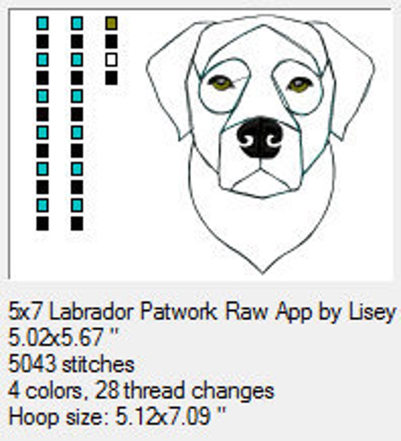 May include: A digital embroidery design of a Labrador Retriever's head, featuring a white background and black outlines. The design is 5.02 inches wide by 5.67 inches tall and requires 5,043 stitches. It includes 4 colors and 28 thread changes. The recommended hoop size is 5.12 inches by 7.09 inches.