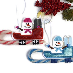 Candy Cane Snowman, Sleigh hanging decoration, Lisey Designs, 4x4 hoop